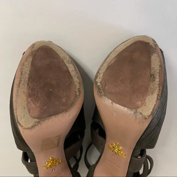 Prada Brown Suede Leather Cutout Peep-toe Stiletto Heels Platform Sz 37 Italy - Picture 6 of 14